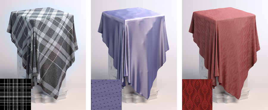 Rendered image in V-Ray using ThunderLoom to set the material for 3 different types of woven-cloth